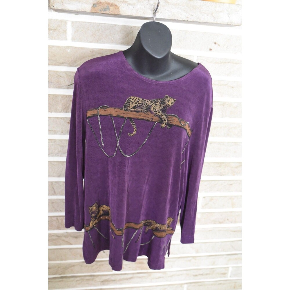 cheetah Design Picadilly slinky Stretchy long sleeve cat Top Purple SZ L